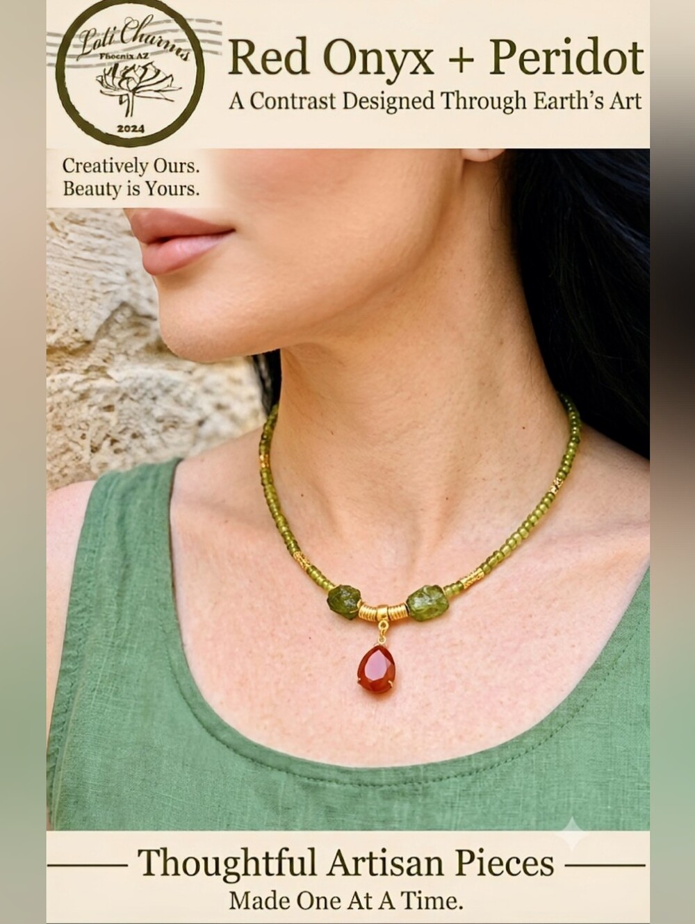 Green Peridot & Red Onyx Pendant In Dainty Contrasting Colors Necklace